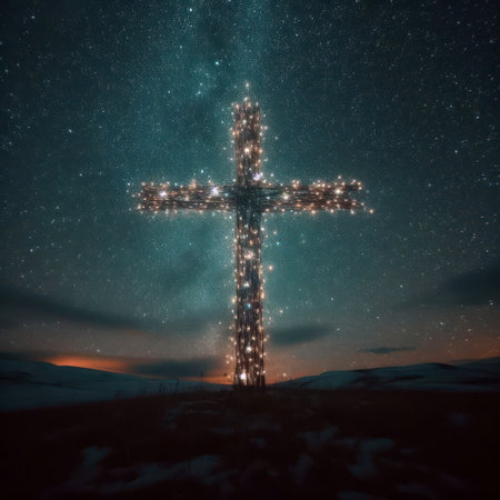 glowing stars forming the christian cross of christ at night illustration generative aiの素材