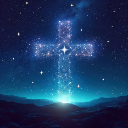 glowing stars forming the christian cross of christ at night illustration generative aiの素材