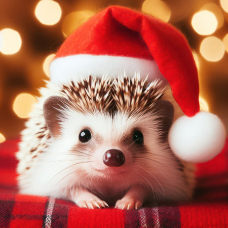 a cute little hedgehog wearing a santa hat at christmas time generative aiの素材