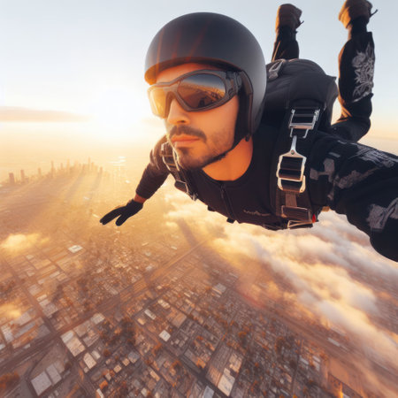 close up selfie of person skydiving above a city generative aiの素材
