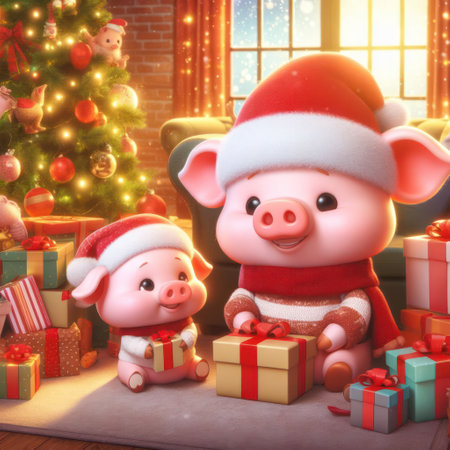 Cute pig in Santa Claus hat with a gift near the Christmas treeの素材