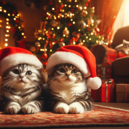 two cute kittens wearing santa hat in the gifts and presents at christmas generative aiの素材