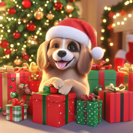 cute 3d art puppy with santa hat and gifts on christmas morning generative aiの素材