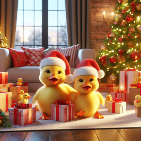 fluffy ducklings with gifts at christmas 3d art generative aiの素材