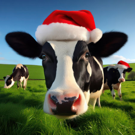 comical image of a cow in the field wearing a santa hat generative aiの素材