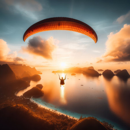 person paragliding on a tropical island paradise on vacation generative aiの素材