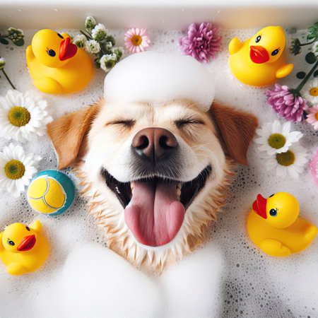 very happy dog laid back and relaxing in the bubble bath generative aiの素材
