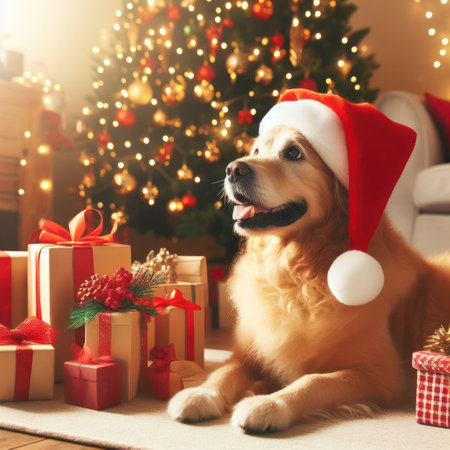 golden retriever dog wearing santa hat amongst the gifts at christmas time generative aiの素材