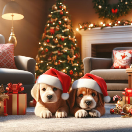 two cute puppy dogs wearing santa hats amongst the gifts at christmas time generative aiの素材