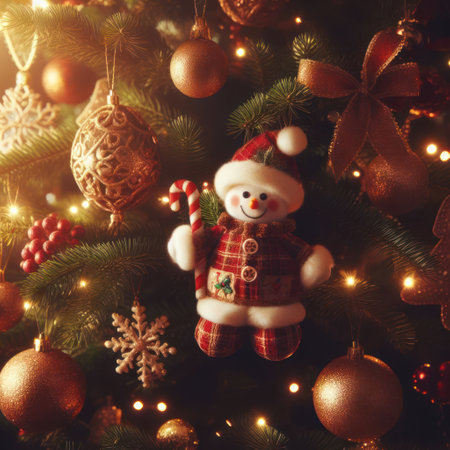 closeup of beautiful christmas tree with lights and ornaments generative aiの素材