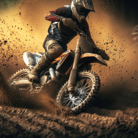 action closeup of motocross rider on track with mud spraying generative aiの素材