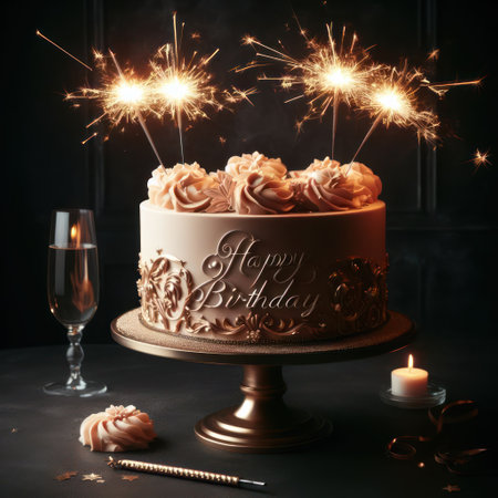 beautiful delicious and luxurious happy birthday cake with sparkler candlesの素材
