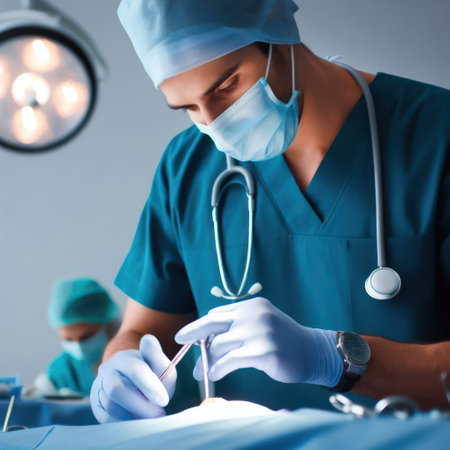 doctor in scrubs and mask performing an operation in the theatre generative aiの素材