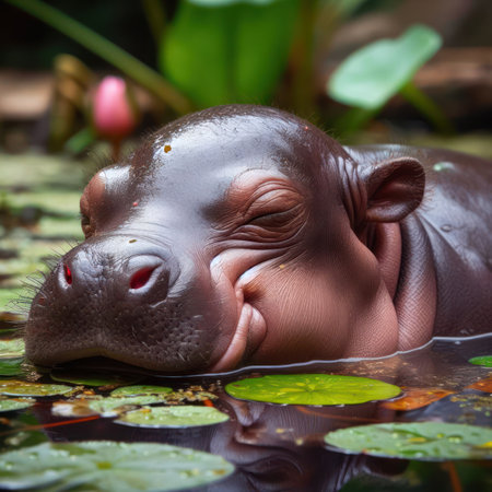 cute and gorgeous baby hippo sleeping in the river generative aiの素材