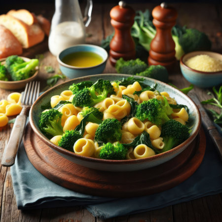 delicious traditional italian orecchiette with broccoli rabe on a rustic table generative aiの素材