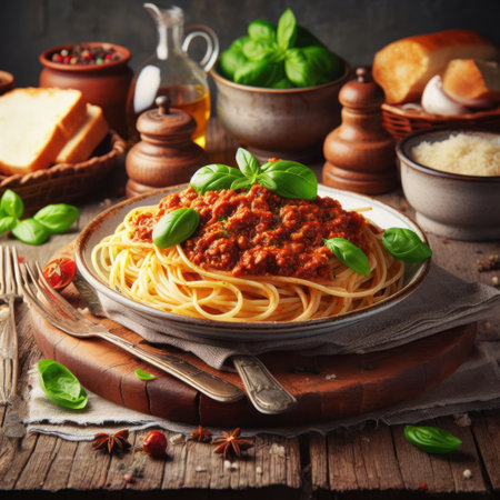 traditional italian spaghetti bolognaise on a rustic table generative aiの素材