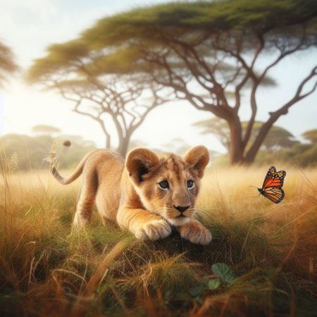 cute lion cub learning to hunt and stalks butterfly in the african savannah generativeaiの素材