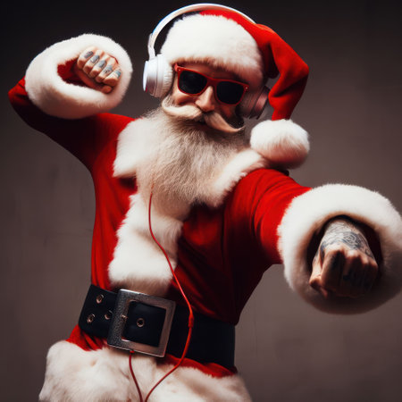 santa with headphones and sunglasses dancing on plain background generative aiの素材