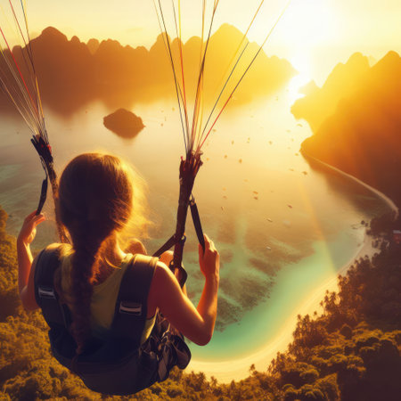 woman paragliding on a tropical island paradise on vacation generative aiの素材