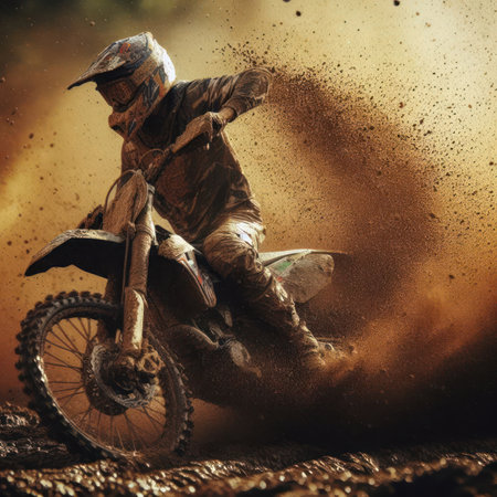 action closeup of motocross rider on track with mud spraying generative aiの素材