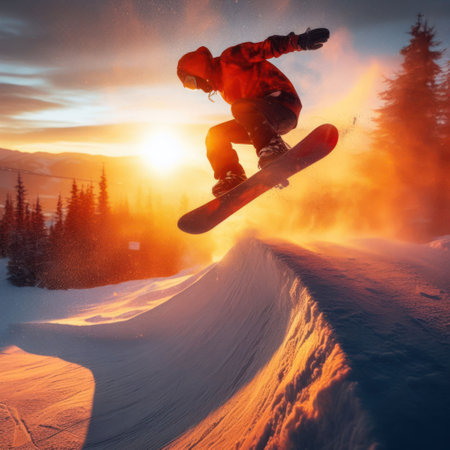 person jumping with their snowboard in the snow at sunset generative aiの素材