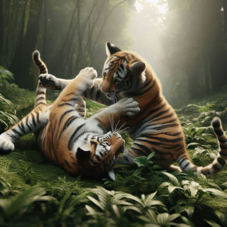 two young tiger cubs playing and wrestling together in forest generative aiの素材
