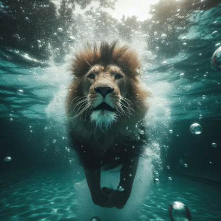 a lion swimming underwater in pool or clear river generative aiの素材