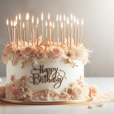 beautiful delicious and luxurious happy birthday cake with candlesの素材
