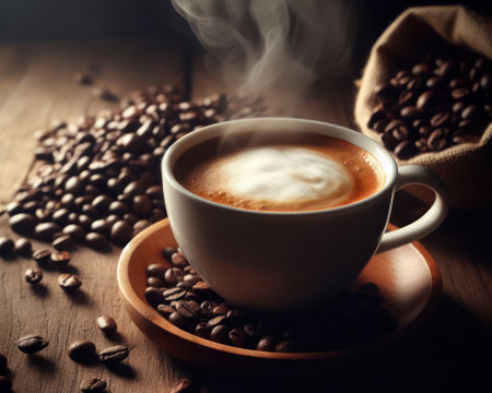 delicious fresh coffee in the morning on a wooden table with coffee beans generative aiの素材