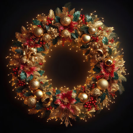 illustration of opulent and ornate christmas wreath on black background generative aiの素材