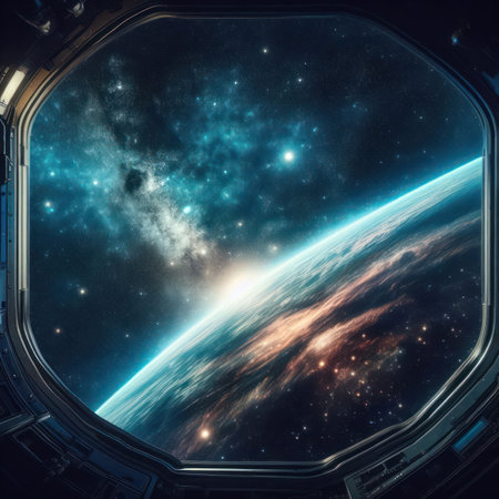 gorgeous space and stars with planet seen through space ship or station window generative aiの素材