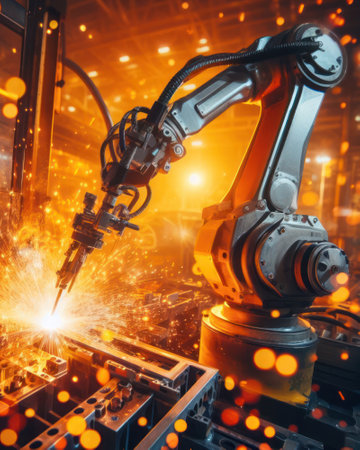 illustration of a closeup of an industrial welding robot in a modern factory generative aiの素材