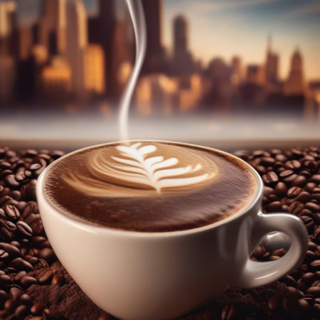 delicious fresh coffee in the morning on a wooden table with coffee beans generative aiの素材