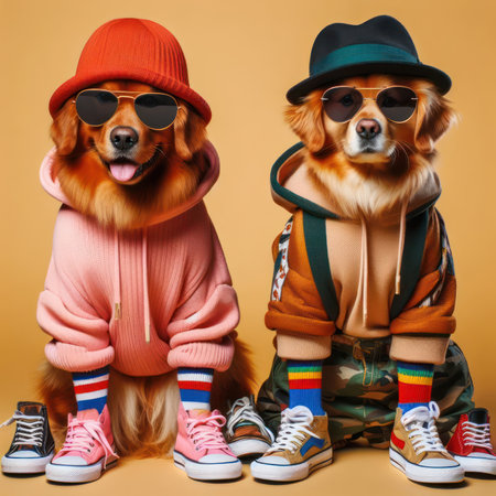 studio style shot of dogs fashionably dressed dogs ready to go out for poster or advertisement generative aiの素材