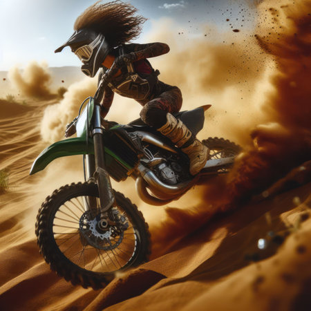 action closeup of female motocross rider on sand track with dirt flying and spraying generative aiの素材
