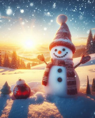 happy snowman outside in the snow on christmas day generative aiの素材