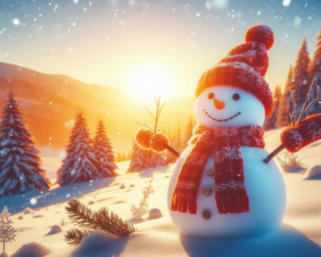 happy snowman outside in the snow on christmas day generative aiの素材