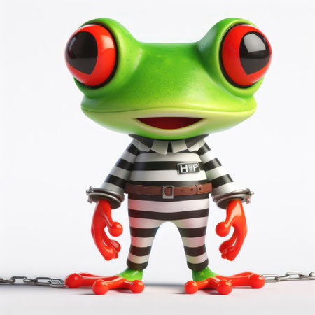 great 3d illustration of a funny red eyed tree frog in a striped prison suit generative aiの素材
