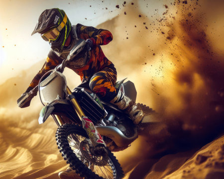 action closeup of motocross rider on sand track with dirt flying and spraying generative aiの素材