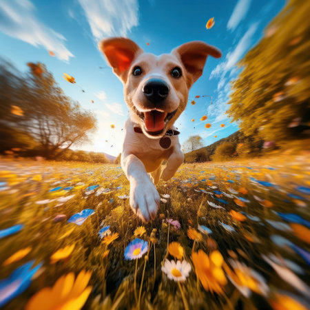 happy dog running and bounding through a field of wildflowers on a beautiful day generative aiの素材