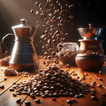 abstract delicious falling coffee beans on to wooden table generative aiの素材