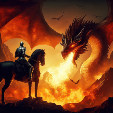 fantasy scence of a knight on horseback facing a huge fire breathing dragon generative aiの素材
