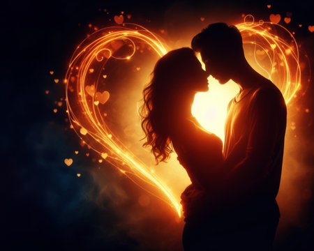romantic silhouette of man and woman couple together in love with red heart background AI Generatedの素材