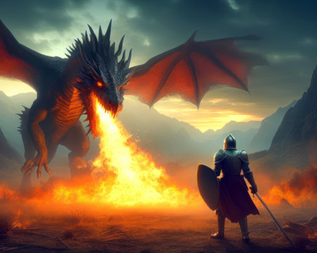fantasy scence of a knight on horseback facing a huge fire breathing dragon generative aiの素材
