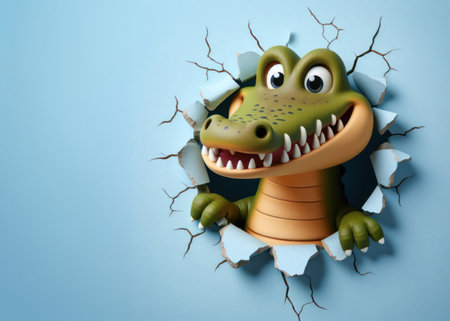 3d illustration of a funny crocodile sticking its head  through a hole in the wall generative aiの素材