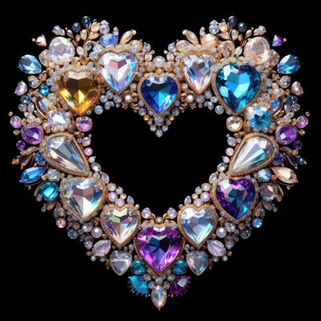 illustration of glittering diamonds and gemstones in a heart shape generative aiの素材