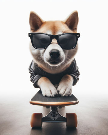 cool skater dog riding a skateboard on a white background generative aiの素材