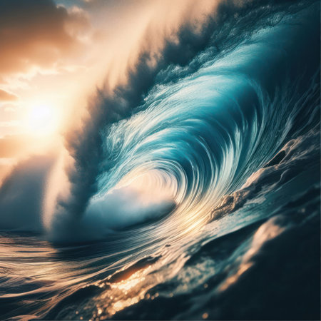 stunning tube or barrell wave in the ocean at sunset or sunrise generative aiの素材