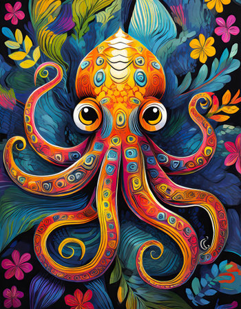 octopus bright colorful and vibrant poster illustration generative aiの素材