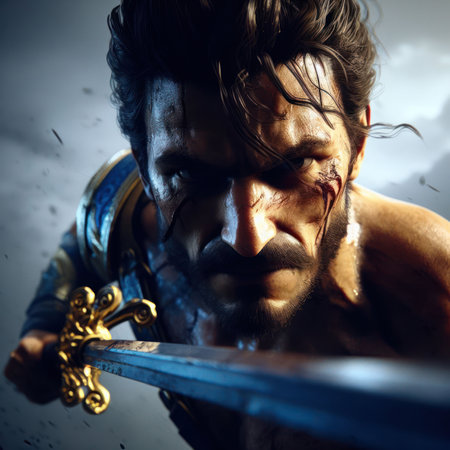 closeup of a roman gladiator fighting in battle with a sword generative aiの素材